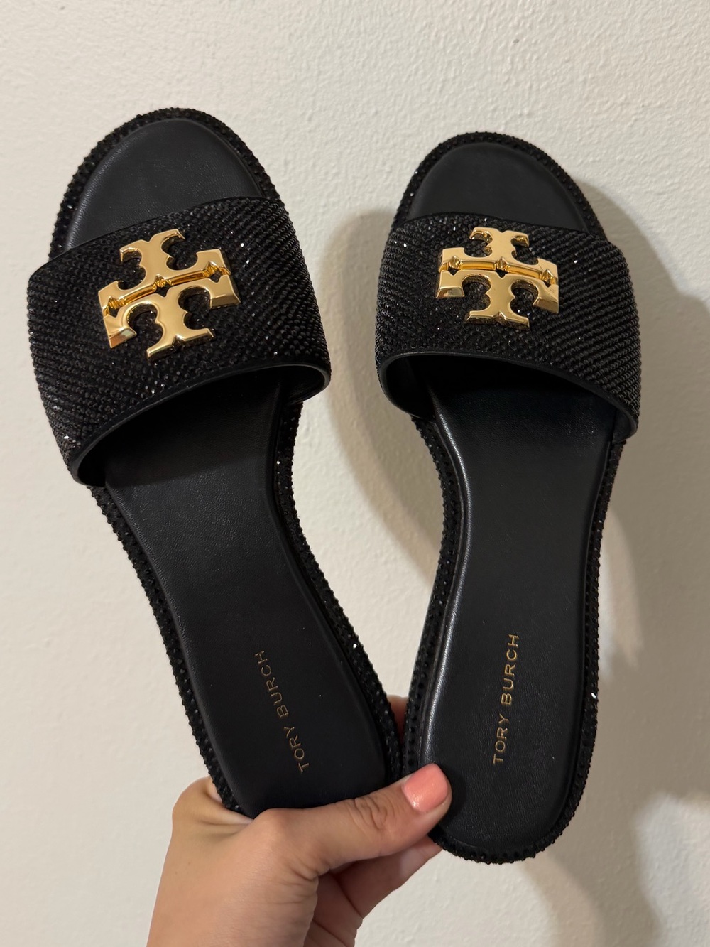 Tory Burch Pave Crystal Black Slide Sandals with Gold Logo Accent